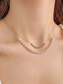Shein - Pc Europe And The United States Fashion Double-layered Pearl Chain Necklace