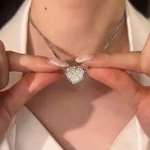Shein - 1pc Women's Multi-layer Magnetic Zirconia Heart Pendant Necklace