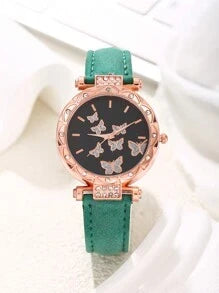 Shein - 1 Pc Rose Gold Women's Full Diamond Seven Butterfly Quartz Watch