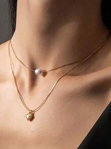Shein - 2pcs/set European & American Style Elegant Pearl & Heart Multilayer Necklace