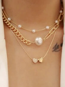 Shein - 3pcs/set Women Elegant Zirconia Inlaid Heart Pendant Imitation Pearl Multi-layer Chain Necklace
