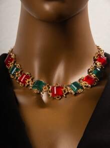 Shein - 1pc Exaggerated Colored Glass Bead Flower Necklace