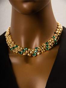 Shein - 3pcs Metal Inlay Colorful Stone Exaggerated Necklace Set