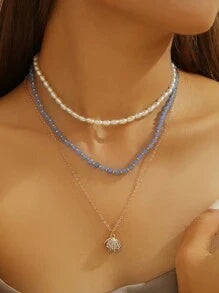 Shein - 1 Set 3pcs Fashion Pearl Shell & Rice Bead Necklace