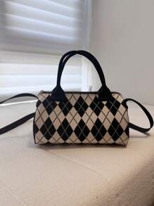 Shein - New Rhombus Black Rice Bucket Zipper Contrast Color Knit Fabric Handbag