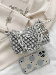 Shein - Pcs/set Sparkling Diamond Dinner Chain Shoulder Bag With A Silver Heart-shaped Pendant