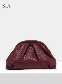 Shein- Sia Women Retro Minimalist Faux Woven Textured Angola Red Rivet Decor Large Capacity Ruched Clutch