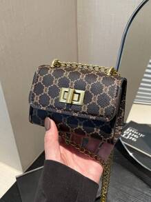 Shein - Mini Square Bag Geometric Pattern Chain Turn Lock Pu