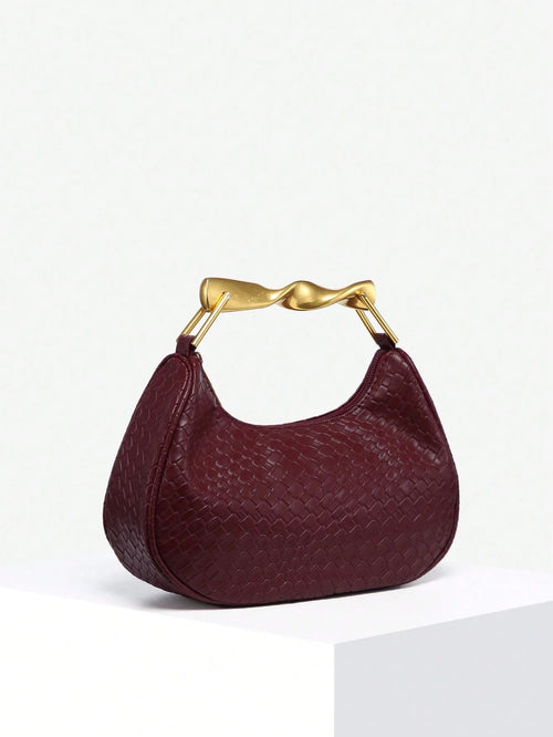 Shein - 1pc Women's Retro Simple Casual Metal Handle Decor Soft Faux Leather Angola Red Crescent Handbag