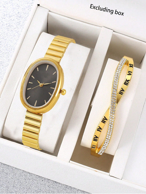 Shein - 1pc Oval Dial Bamboo Strap Women's Quartz Watch + Criss-cross Bracelet