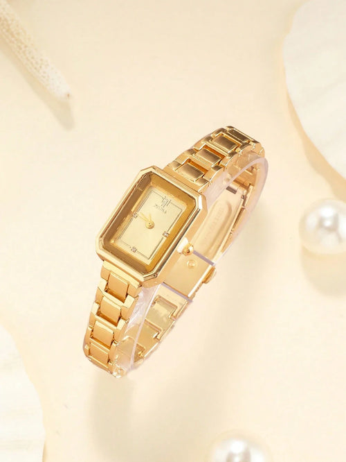 Shein - 1pc Square Dial Watch With Diamonds, Gold-tone Case, Stable Timekeeping