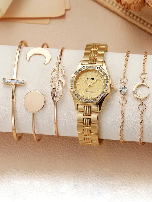 Shein - 6pcs/set Women's Minimalist Round Quartz Watches With Steel Strap