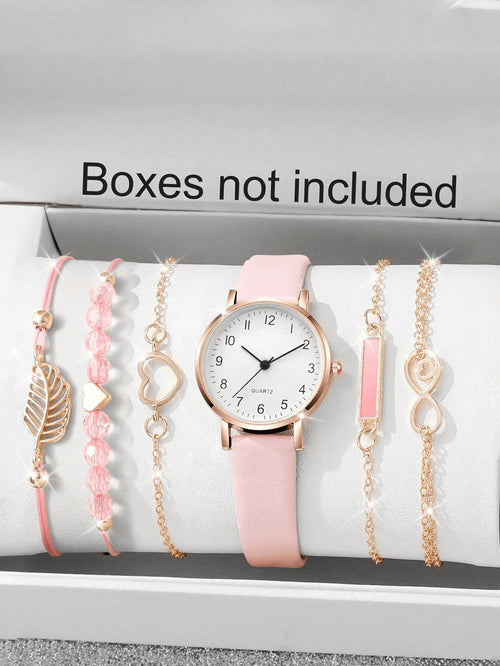 Shein - 6pcs/set, Women's Casual Pu Leather Strap And Leaf Bracelet Set