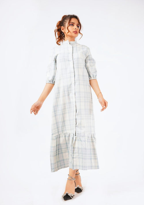 Nine999- Front Button Puff Sleeve Dress - Sky Blue White Grid Check