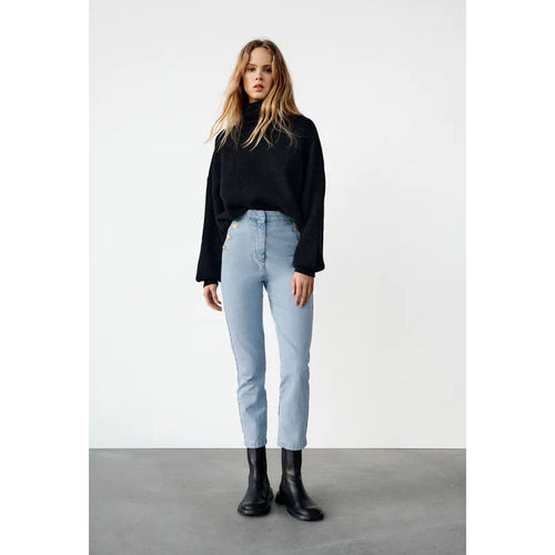 Zara- Straight Fit Trousers With Golden Buttons- Light Blue