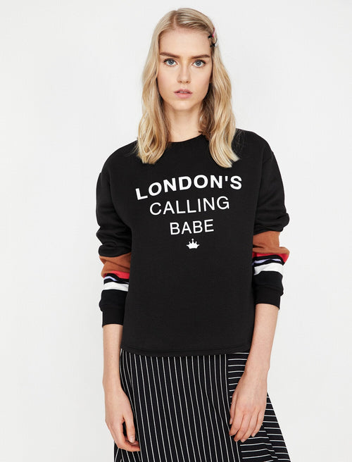 Koton Letter Printed Sweatshirt Black