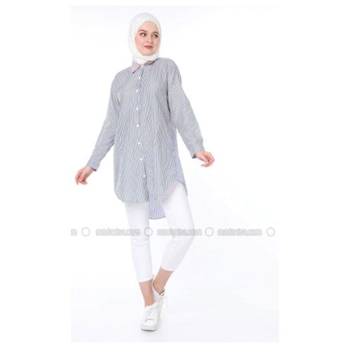 Modanisa Sahra Buti̇k Navy Blue Stripe Point Collar Tunic