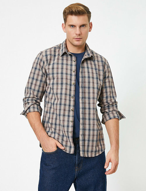 Koton Cotton Long Sleeve Checked Smart Shirt Brown Check