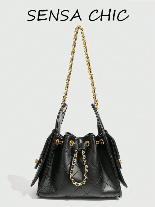 Shein - Classic Black Pu Leather Bucket Bag, Soft And Fine Leather Material