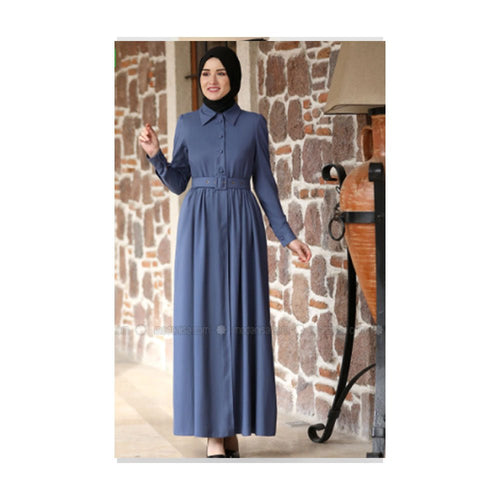 Modanisa Rana Zenn Indigo Point Collar Unlined Modest Dress