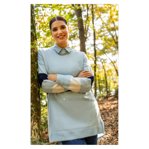 Modanisa Alia Ecru Navy Blue Crew Neck Plus Size Knit Tunics