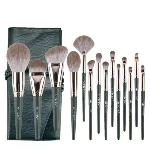 Muicin - 14 Pieces Professional Makeup Brush Set Green Leather Pouch