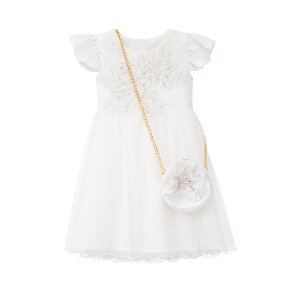 GIRLS CAP SLV FANCY FROCK W-PURSE WHT IR-25 TY805
