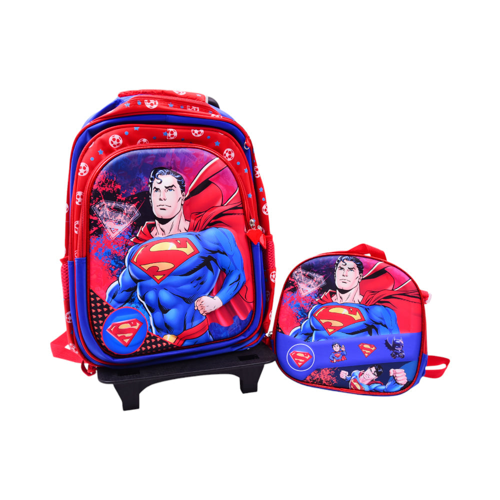 10862-21 SCHOOL BAG W-TROLLEY SUPERMAN EMBOSSED IR 16INCH