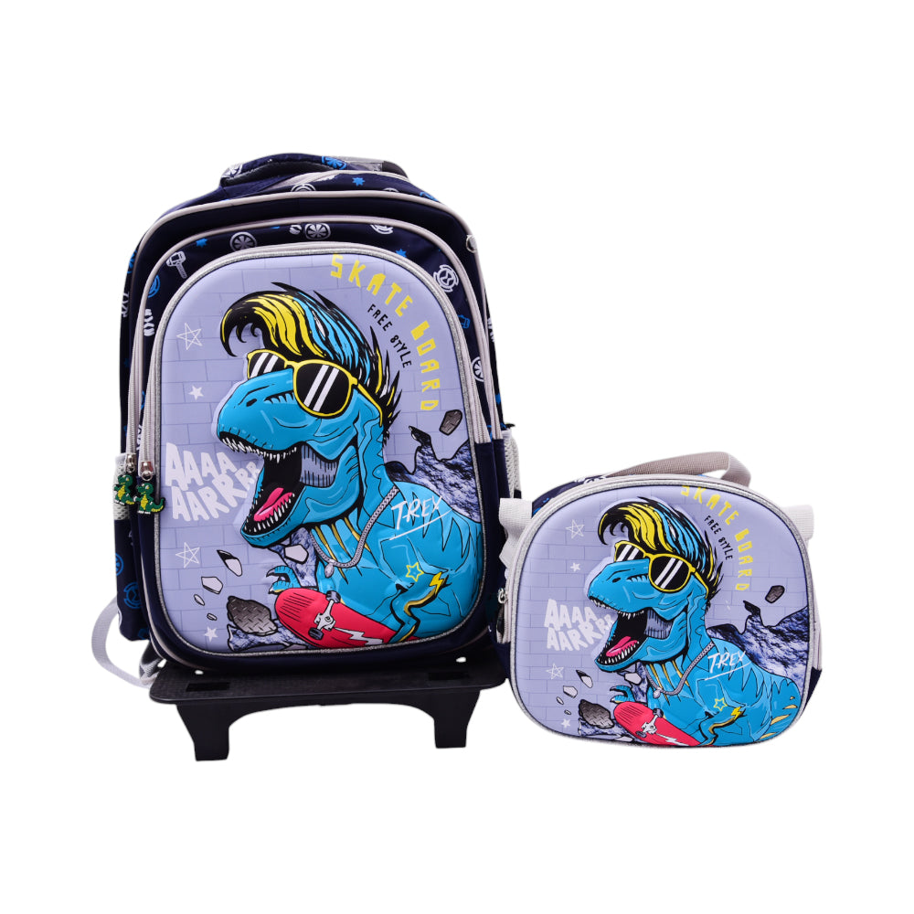 10862-23 SCHOOL BAG W-TROLLEY SKATEBOARD EMBOSSED IR 16INCH