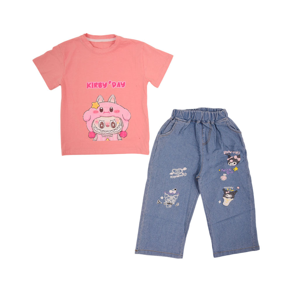 GIRLS S/S 2PC TEE+DENIM SUIT LABUBU NZS-25 3-4 YEAR C-7 A