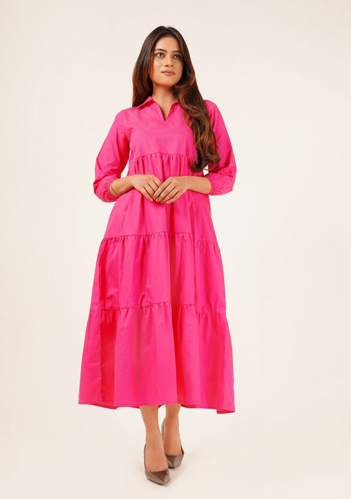 Nine90nine- V Neck Collared Dress - Fuchsia Pink