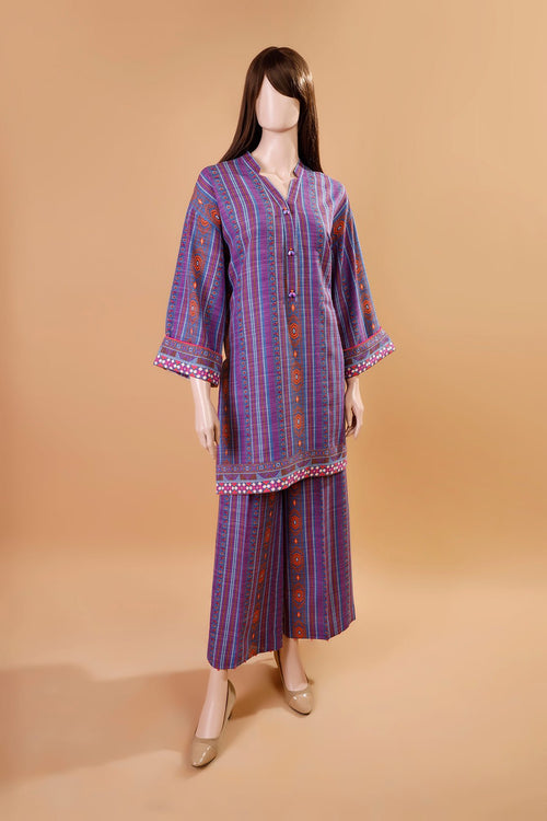 Saya Printed Khaddar Shirt- Denim Blue