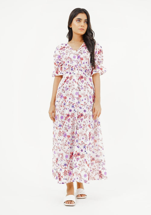 Nine90nine Front Button Maxi Dress - Red White Floral Print