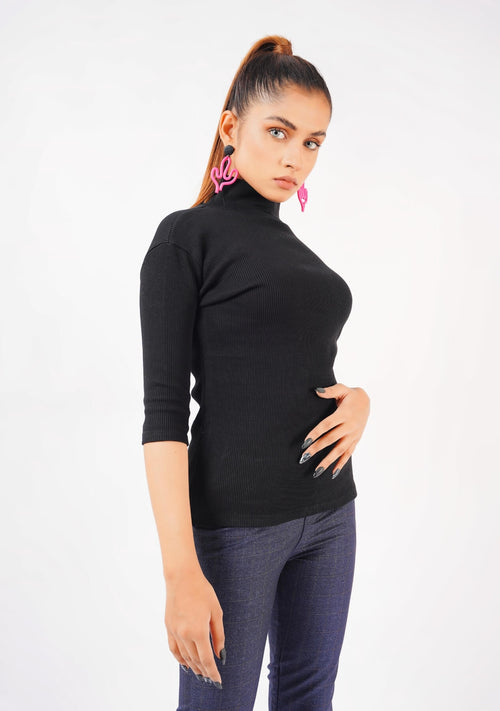 Nine999- High Neck Knit Top - Short Sleeve - Black