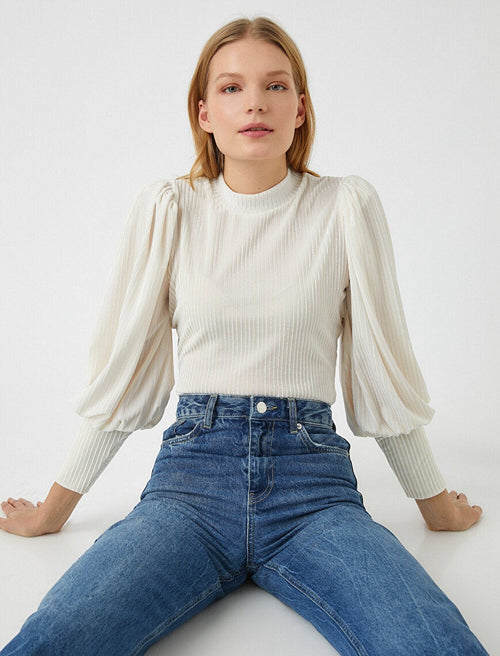Koton Balloon Sleeve Striped T Shirt Ecru