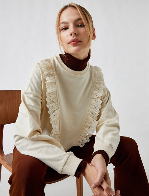 Koton Front Frilly Embroidered Crew Neck Sweatshirt Ecru