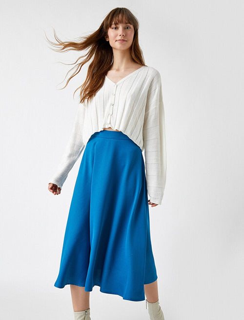 Koton Straight Flared Skirt Elastic Waist Petrol