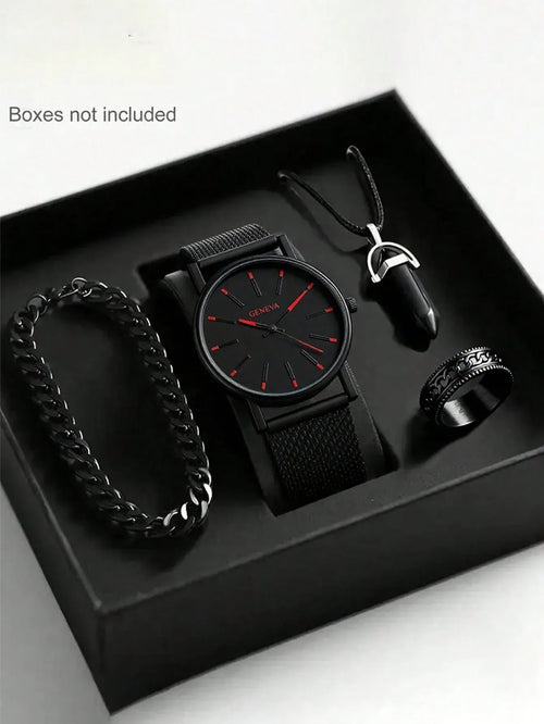 Shein - 4/1pc Men's Fashion Classic Casual Quartz Watch, Suitable For Men's Wear, Comes With Stylish Bracelet, Pendant Necklace And Ring Set