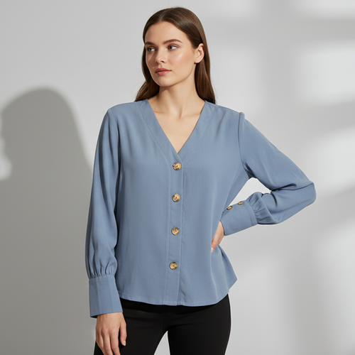 Vybe - Ladies Top V-neck Button - Blue