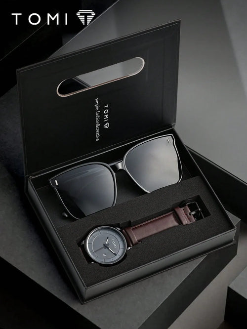 Shein - Tomi Quartz Men's Watch With Sunglasses, Fashionable & Minimalist Dial Design