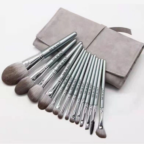 Muicin - Grey Leather Pouch Eye & Face With Fan Makeup Brush Set - 14 Pieces