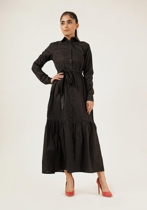 Nine90nine Front Button Long Sleeve Maxi Dress - Black