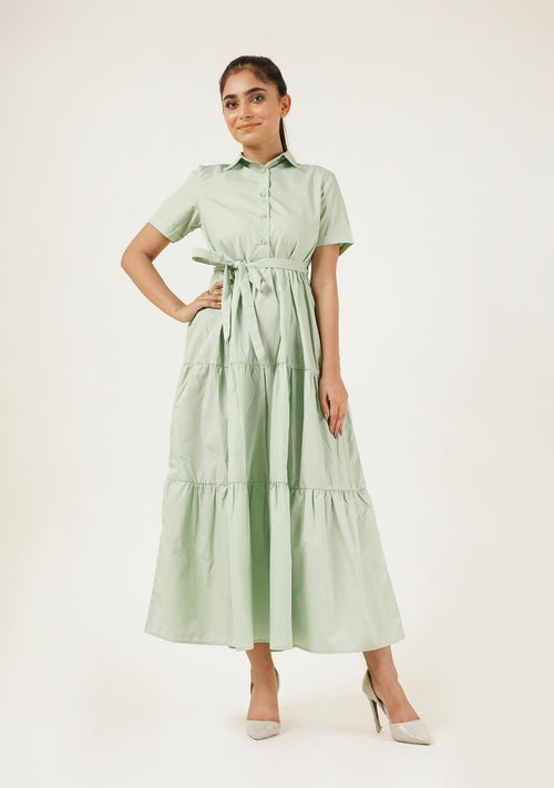 Nine90nine Short Sleeve Collared Dress - Light Green