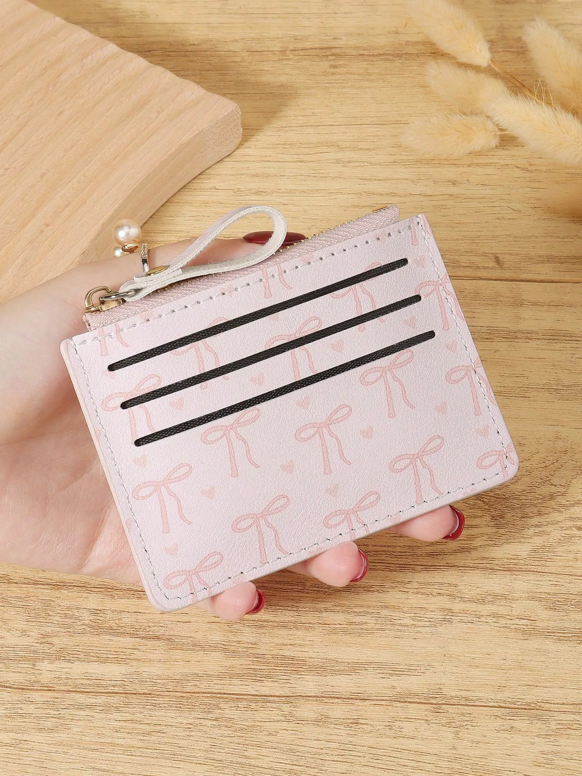 Shein - Pink Bow Love Pattern Zipper Small Wallet Coin Pocket Small Purse Bifold Slim Women Wallet