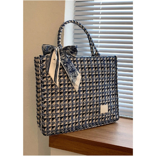 Shein - Bow Decor Lightweight,portable,large Capacity Casual,fashion Plaid Pattern Skinny Scarf Decor Shoulder Tote Bag