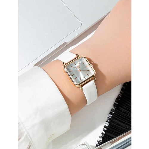 Shein - Square Pointer Quartz Watch- White-1