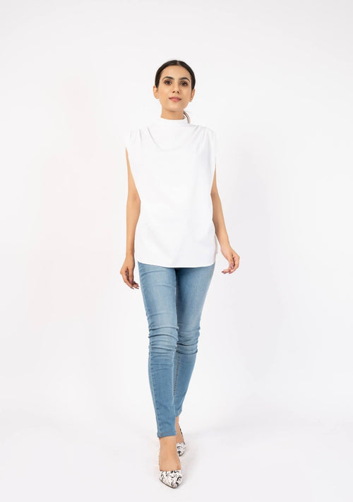 Nine999- High Collar Top - White