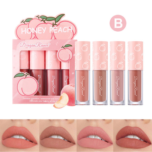 Dragon Ranee - 4 Pcs Fruit Velvet Matte Waterproof Lipstick Lipgloss Set B Peach D6008