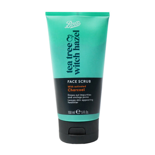 BOOTS TEA TREE & WITCH HAZEL CHARCOAL FACE SCRUB 150ML