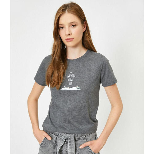 Koton Short Sleeve Crew Neck Letter Printed T Shirt Anthracite